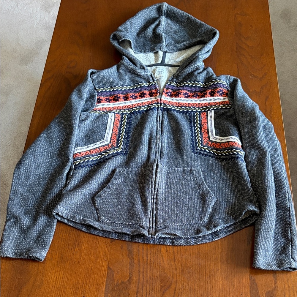 Lucky Lotus Southwestern Embroidered Gray Full Zip Hoodie Sweatshirt Size L